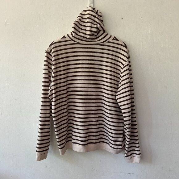 Onque Casuals Zip Front Hoodie Womens Large Cream Brown Striped Cozy Minimalist - Picture 5 of 5